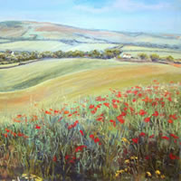 Poppies near Alfriston - East Sussex Art Gallery - Pastel Landscape Artist Juliet Murray
