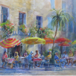Pavement Cafe Colourful Umbrellas and Palm Tree – Romsey Hampshire Artist Wendy Jelbert