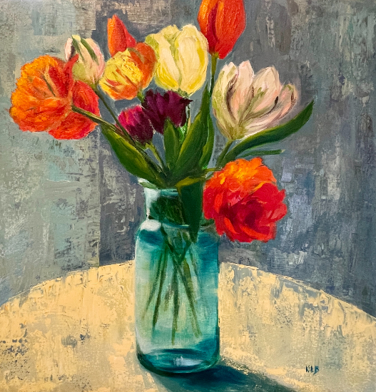 Tulips in Glass Vase Acrylic Still Life Painting - Dippenhall near Crondall Farnham Artist Kit Bowles