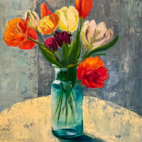 Tulips in Glass Vase Acrylic Still Life Painting – Dippenhall near Crondall Farnham Artist Kit Bowles