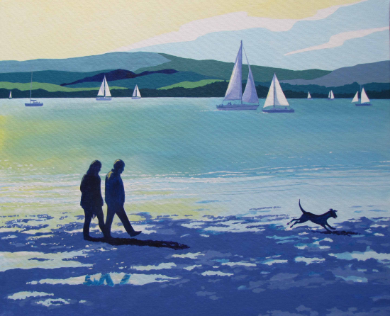 Beach Stroll with Pet Dog - View of Yachts - Hampshire Artist Evelyn Bartlett