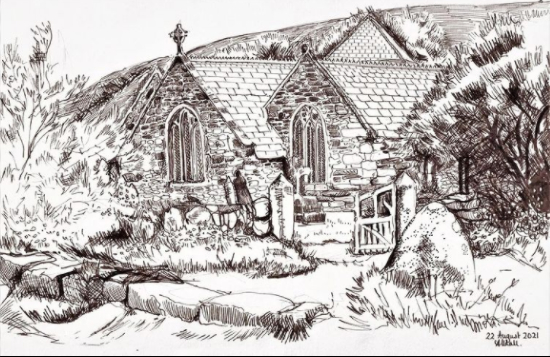 Gunwalloe Church Cove, Cornwall - line drawing by Petersfield Artist Alison Udall