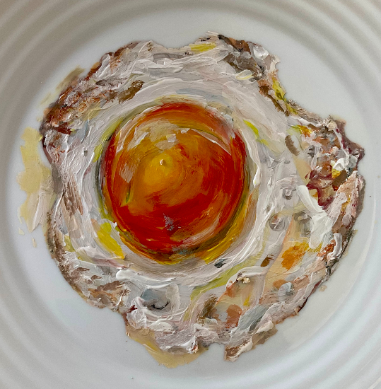 Fried Egg on Porcelain Plate - Salisbury Group of Artists - Acrylic Painting by Contemporary Artist Irene Colquhoun