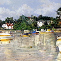 Boats Moored in Lymington Harbour Hampshire near Ferry to Isle of Wight - Landscape Art