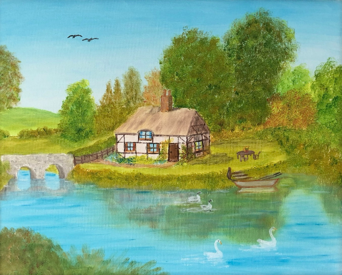 Hampshire Artist Alan Busby, Oil and Acrylic Paintings - English Countryside - Bridge Cottage