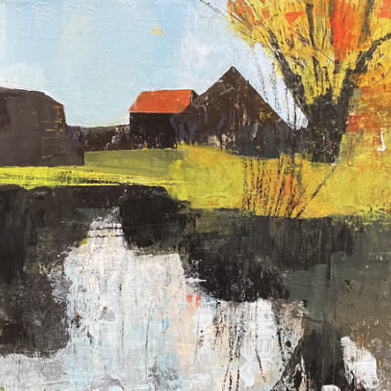 Reflections - Autumn at Manor Farm - Contemporary Acrylic Painting by Winchester Landscape Artist Rebecca Hurst